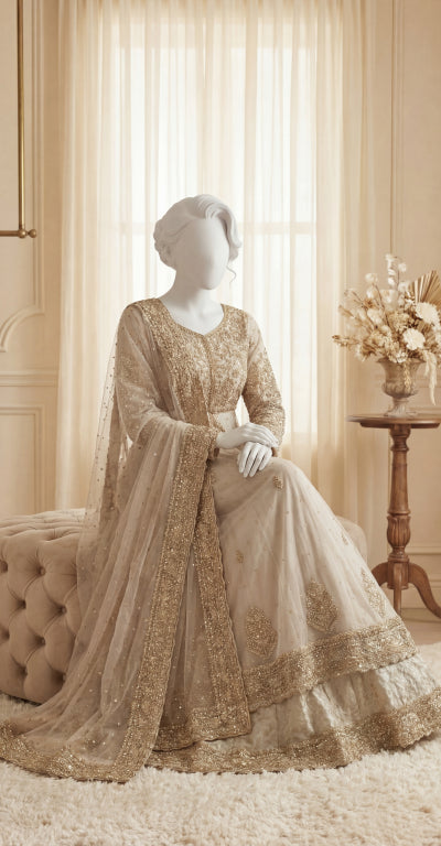 Hanaya | Lehenga | Stitched | White & Gold