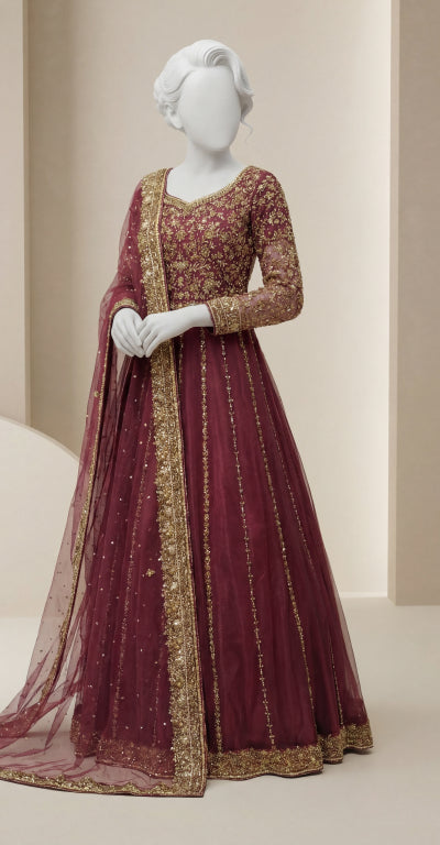 Dastak | Lehenga | Stitched | Mehroon