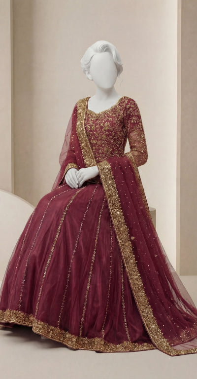 Dastak | Lehenga | Stitched | Mehroon