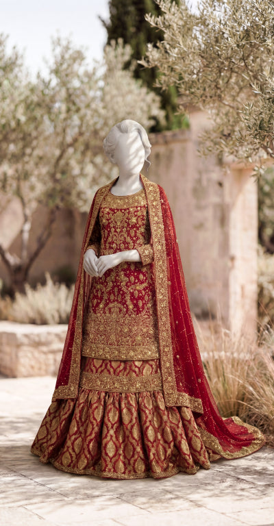Soumia | Farshi Lehenga | Stitched | Red