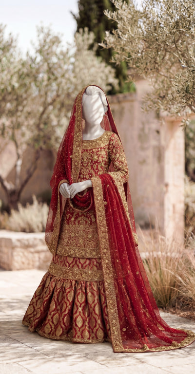 Soumia | Farshi Lehenga | Stitched | Red